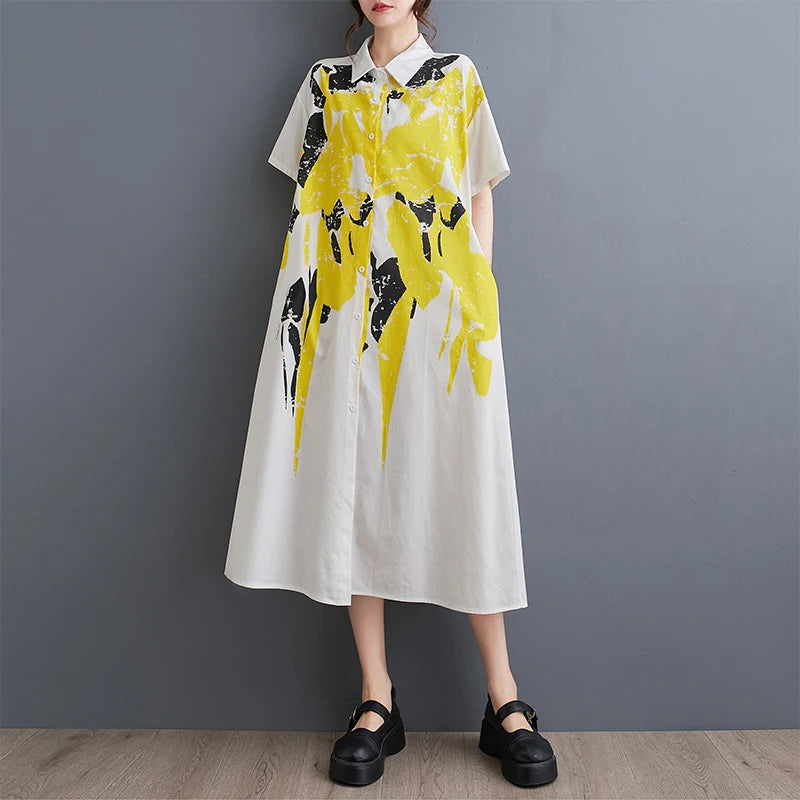 XITAO Printed Splicing Casual Dress Turn Down Collar Short Sleeve Single Breasted Loose Summer Fashion Women Dress LYD1773