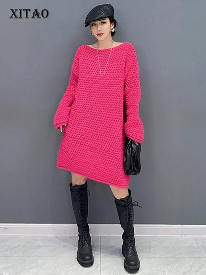 XITAO Loose Female Knitting Dress Casual Fashion Solid Color Slimming Women Spring New Arrival Simplicity Trend Dress HQQ1752