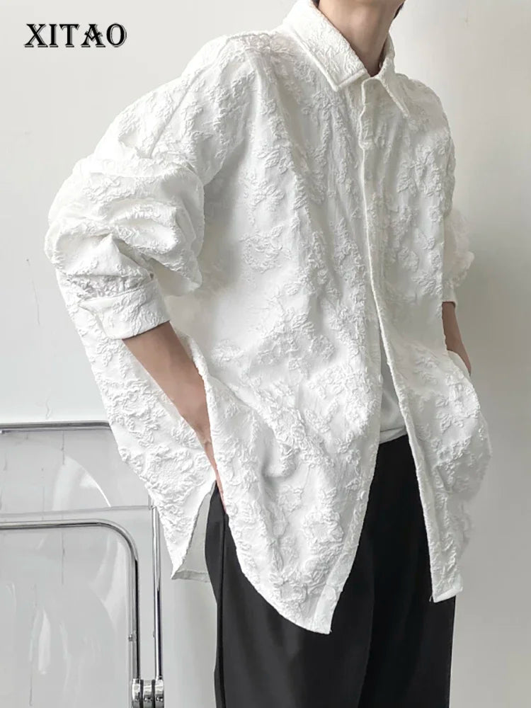 XITAO New Crumpled Jacquard Shirt Loose Fashion Solid Color Casual Turn-down Collar Top New All-match Bat Wing Sleeve WMD5191