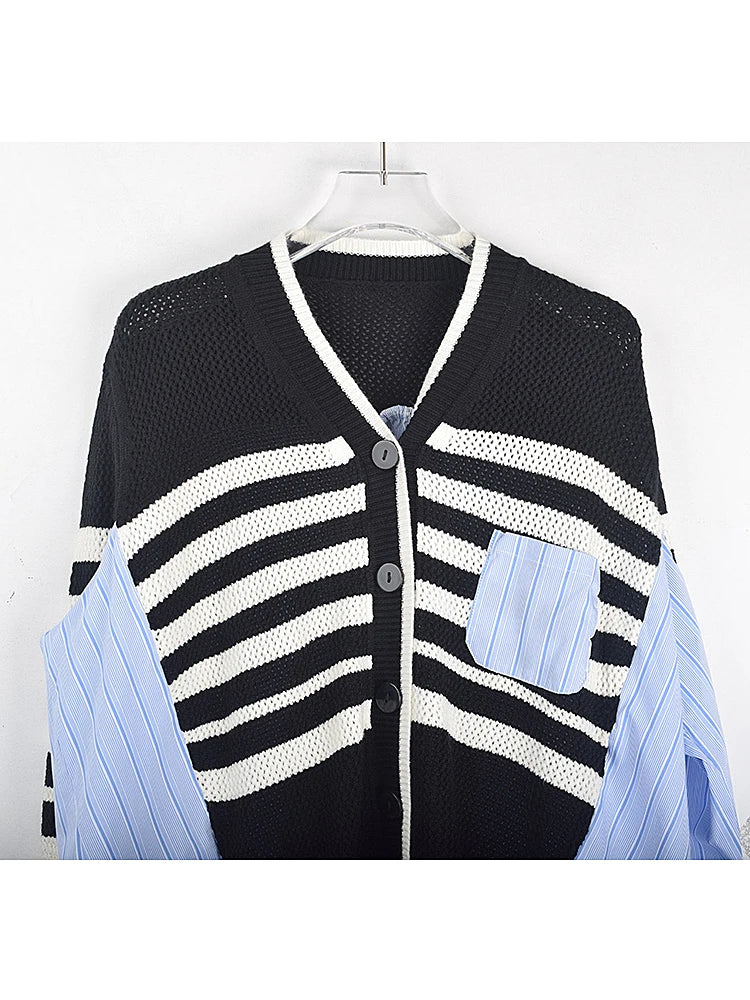 XITAO Knitting Patchwork Sweater Cardigan Fashion Casual Loose Contrast Color Striped Women 2024 Spring Winter All-match LDD2230