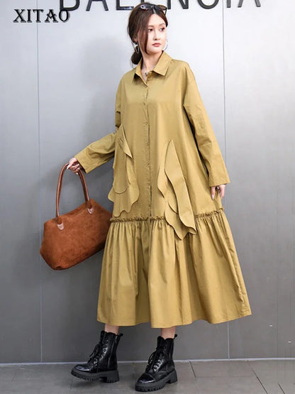 XITAO Casual A-line Full Sleeve Solid Color Mid-calf Dress Literature Patchwork Ruffles Loose Autumn Female Dress GMM1052