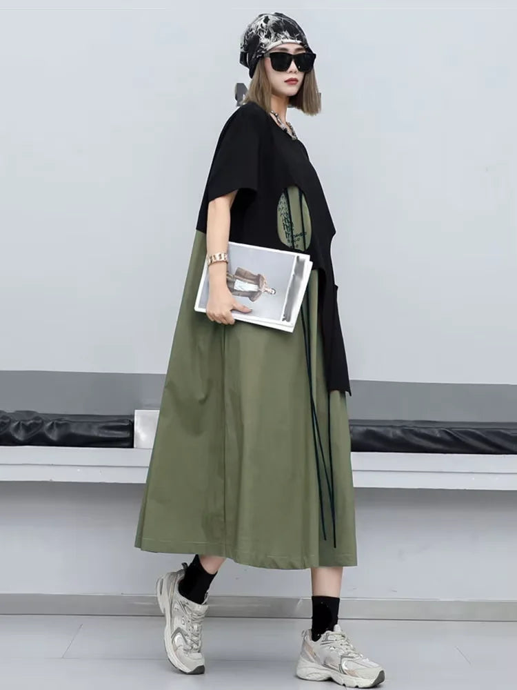 XITAO Hollow Out False Two Pieces Dress Contrast Color Loose Personality Asymmetrical Patchwork T-shirt Dress Summer New LYD1895