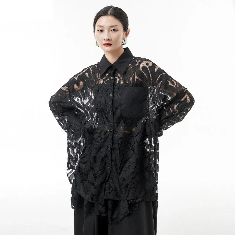 XITAO Solid Color Lace Shirt Hollow Out Perspective Long Sleeve Temperament Turn-down Collar Loose Fashion Splicing Hem ZY6685