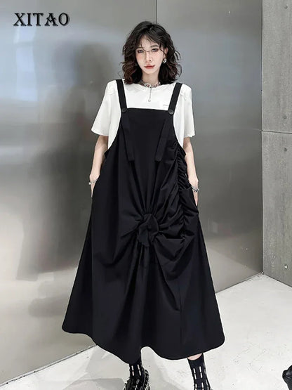 XITAO Black Folds Female Straps Dress Loose Fashion Simplicity Temperament Sleeveless Women Dress Summer New Slip Dress DMJ1452