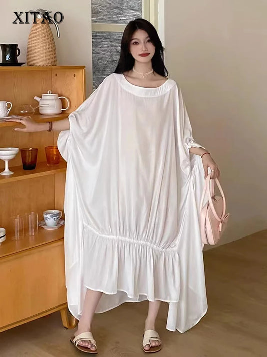 XITAO Asymmetrical Flounced Edge Folds Dress Solid Color Pullover Batwing Sleeve Fashion Slimming Summer New Casual ZY8835