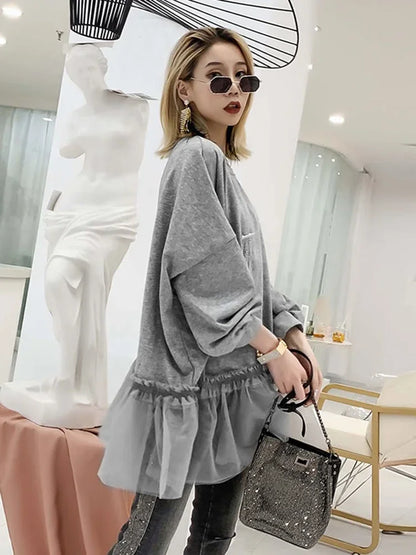 XITAO Tide Patchwork Mesh Pleated Sweatshirt Diamonds Women Clothes Elegant Fashion Pullover Top Autumn Korean  WQR1548