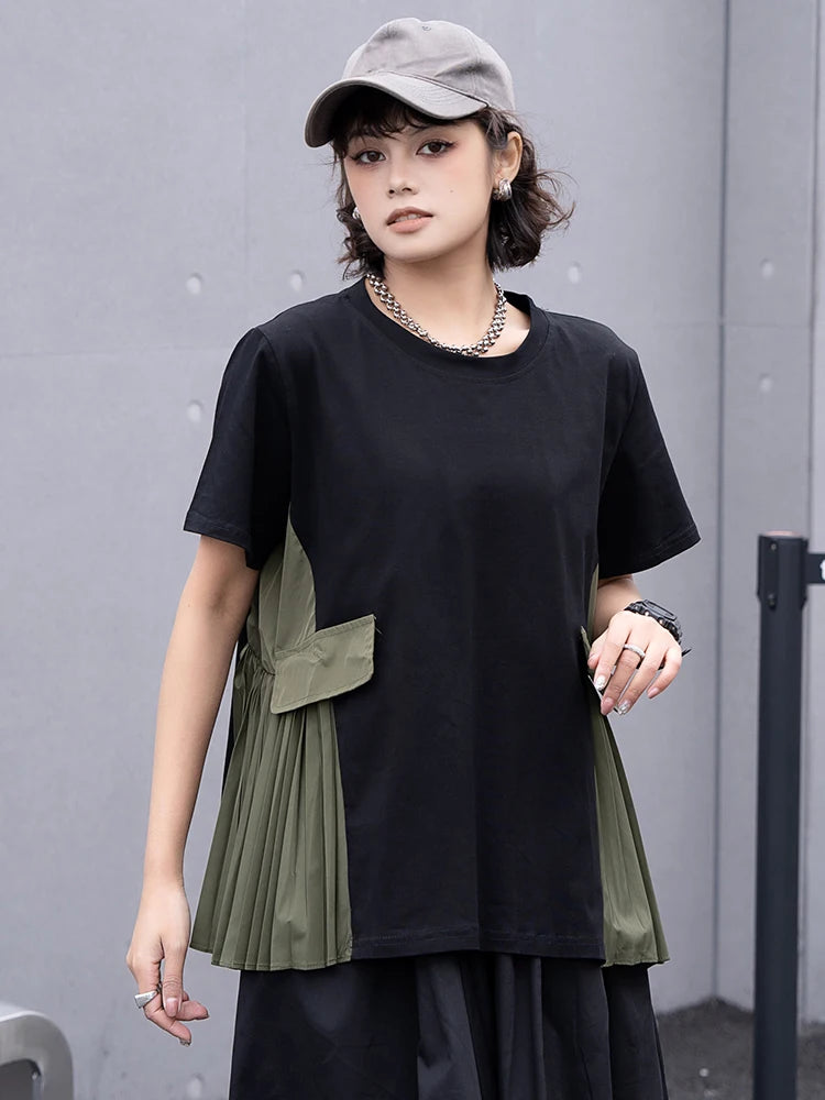 XITAO Pleated Patchwork T-shirt Loose Casual Contrast Color Fashion Simplicity Spring Summer New Women T-shirt Top GJ1005