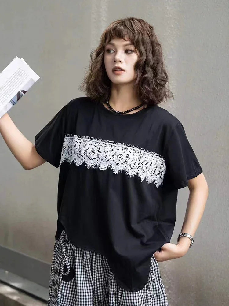 XITAO Irregular Casual Female T-shirt Lace Splicing Contrast Color Fashion New Women Top 2024 Summer Simplicity T-shirt DMJ4155