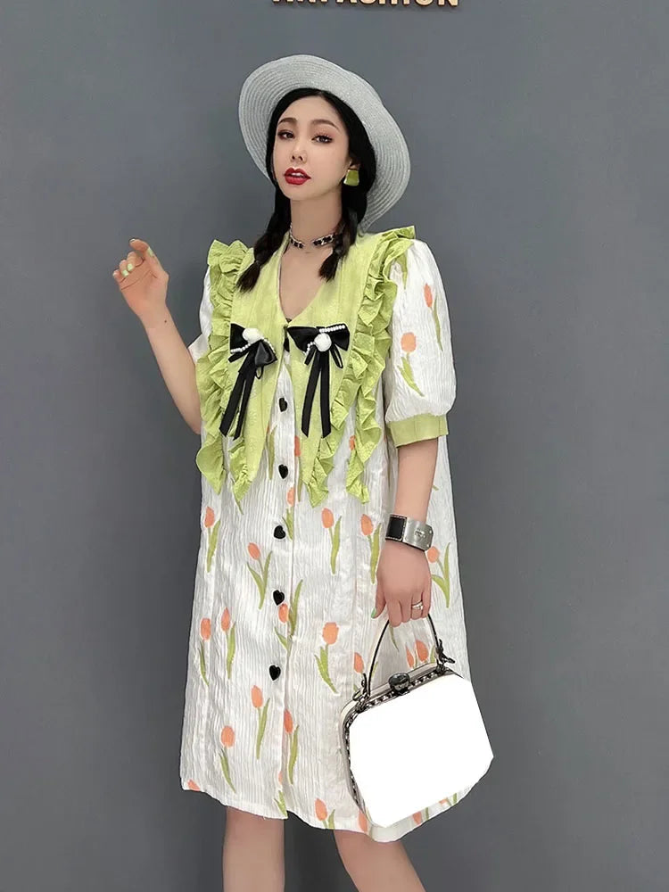 XITAO Bow Single Breast Dress Fashion Print Pattern Goddess Fan Casual Style Ruffle Summer Minority Loose Dress WMD6451