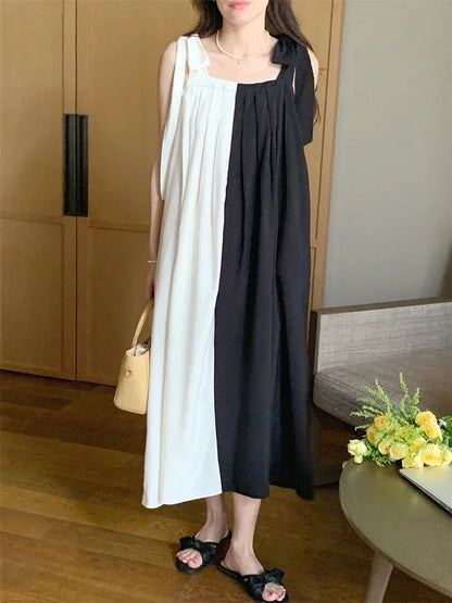 XITAO Bandage Bow Square Collar Pullover Dress Spaghetti Strap Loose Ankle-length 2024 Summer New Show Thin Casual LYD1247