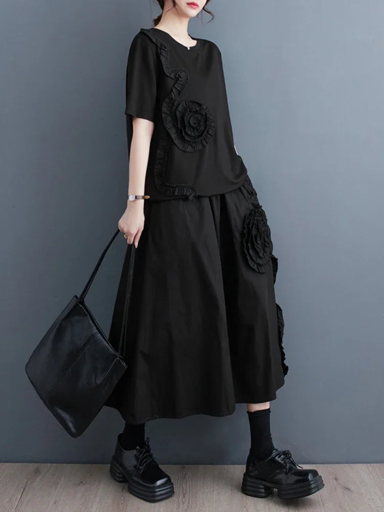 XITAO Black Dress Sets Women Korea Personality Fashion Loose O-neck Short Sleeve Dress Sets Summer New Arrival WLD11365