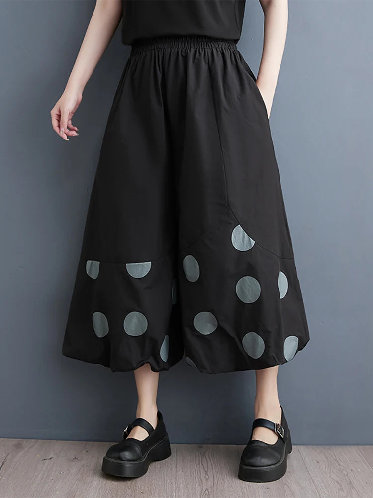 XITAO Print Dot Pocket Elastic Waist Pants Solid Color Loose Casual All Match Wide Leg Pants 2024 Summer New Slimming WLD20243