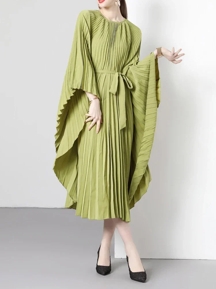 XITAO Pleated Loose Dress Simplicity Temperament Solid Color Bandage Wrist Bat Wing Sleeve Dress Spring New Women HQQ0973