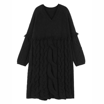 XITAO Loose V-neck Tassel Knitting Dress Solid Color Trend All-match Women Spring New Arrival Casual Simplicity Dress DMJ3057