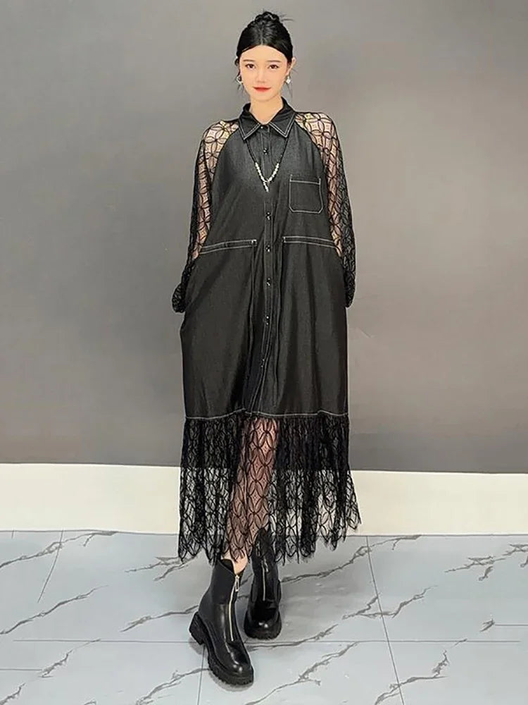 XITAO Lace Patchwork Shirring Single Breasted Dresses Solid Color Turn-down Collar Long Sleeve Fashion Dress 2025 Spring GMM1189