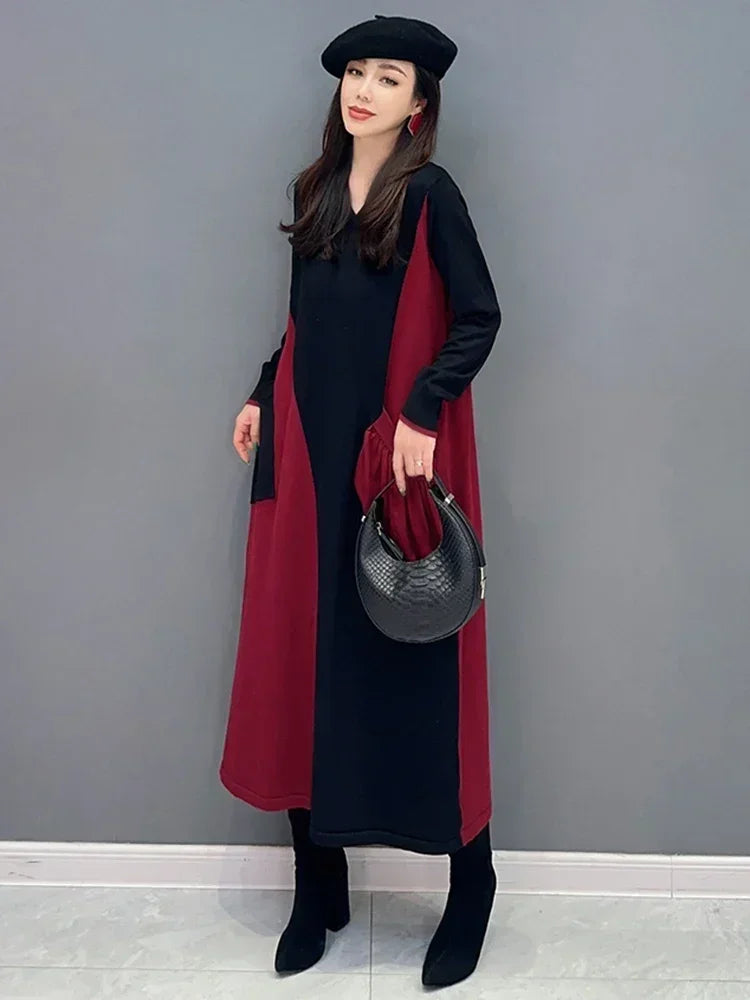 XITAO Patchwork V-neck Knitting Dress Loose Slimming Trend Pocket Women Spring All-match Contrast Color Elegant Dress HQQ1858