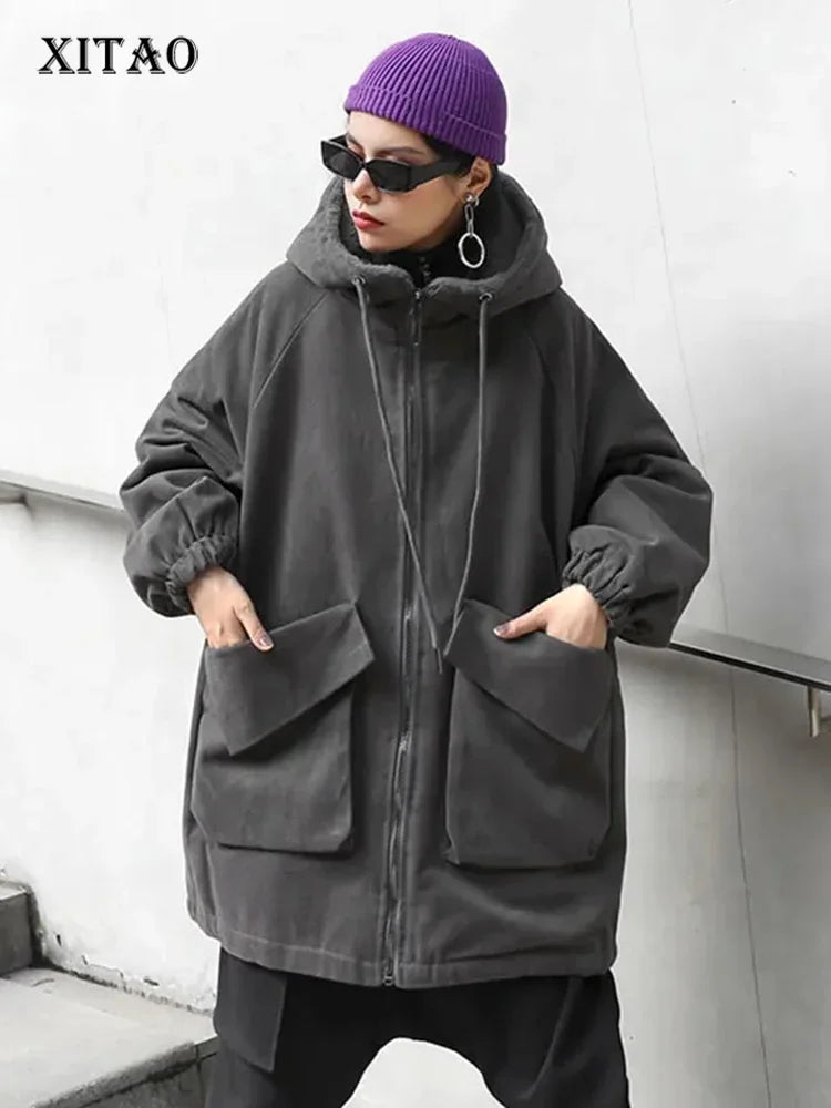 XITAO Solid Color Hooded Collar Parka Winter Women The New Bandage Letter Short Parka Coat Loose Street Fashion Casual ZY2543