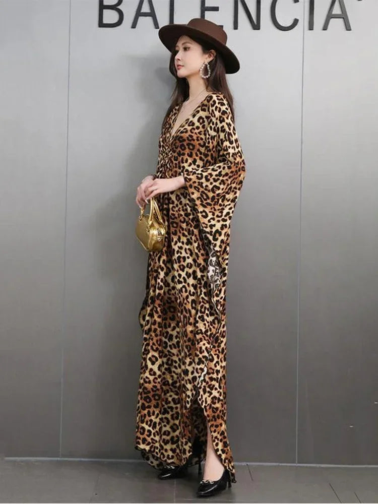 XITAO Leopard Batwing Sleeve Side Split V-neck Dress Pullover Loose Vintage Slim Fashion Ankle-Length All Match Dress GMM1239