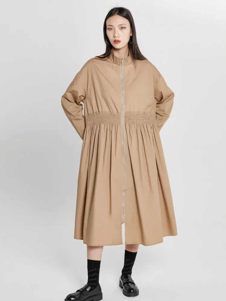 XITAO Solid Pleated Trench Women Summer New Arrival Personality Fashion Loose Turtleneck Full Sleeve Trench WLD6897