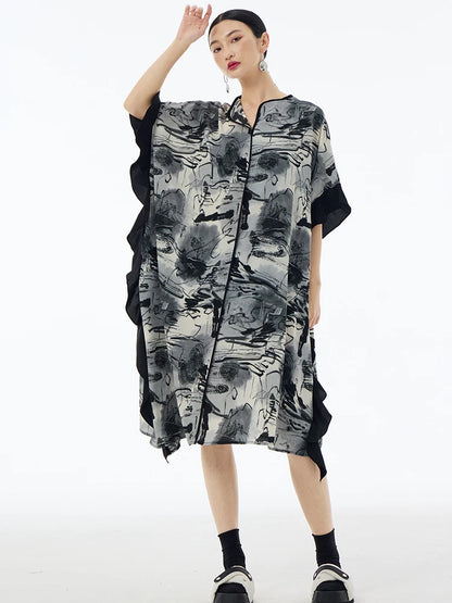 XITAO Print Patchwork Edible Tree Fungus Irregular Dress O-neck Personality Temperament Fashion Loose Women New Dress ZY8829