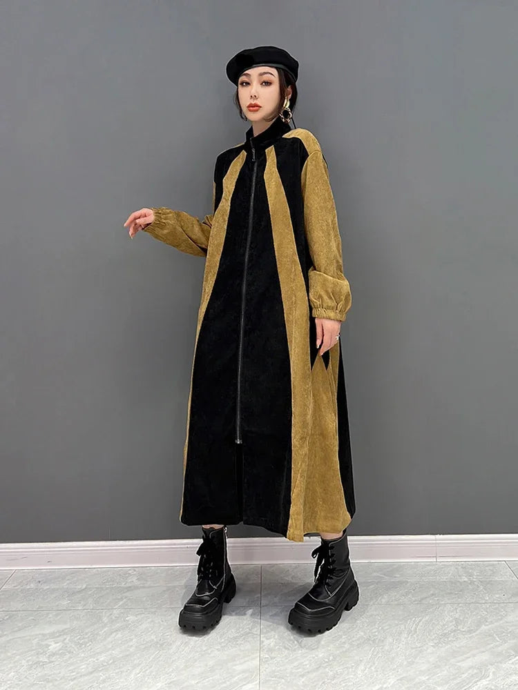 XITAO Contrast Color Casual Women Trench Loose Fashion Zipper Stand Collar Long Sleeve Spring All-match New Coat WLD13312