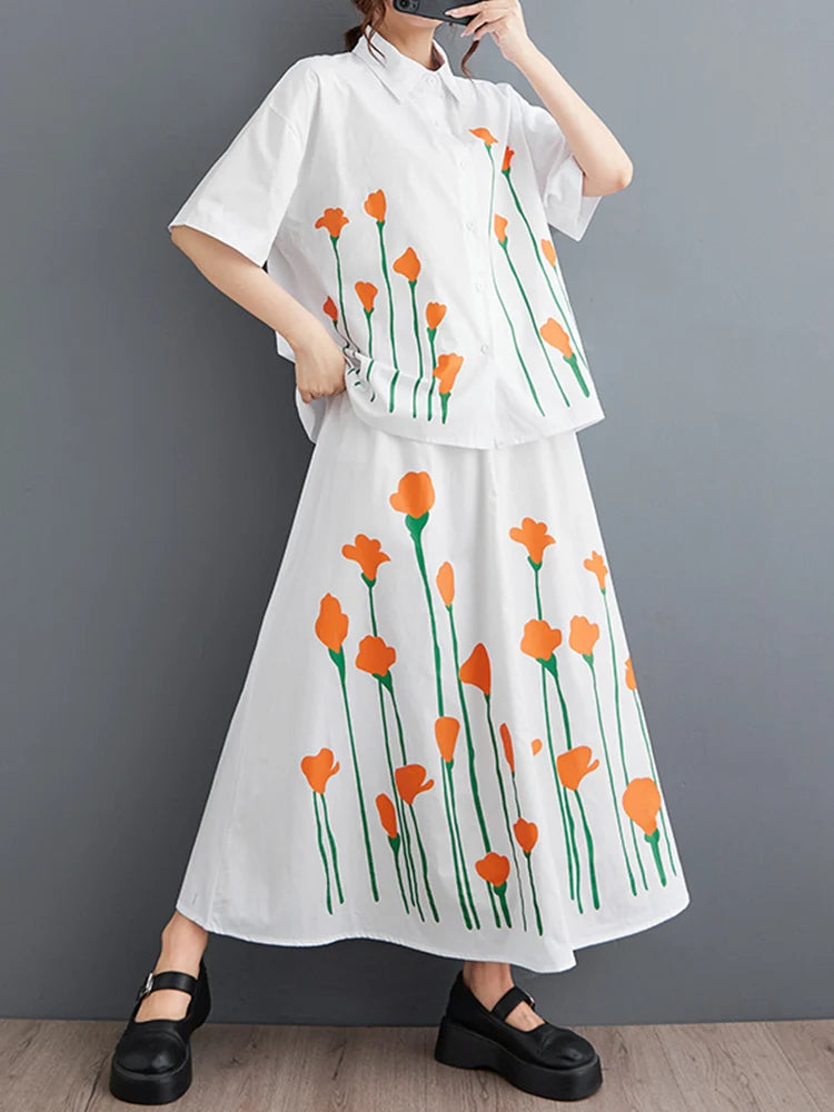 XITAO Casual Dress Sets Contrast Color Print Short Sleeve Shirt Top Skirt Two Pieces Sets Summer New Loose Casual Women DMJ4166