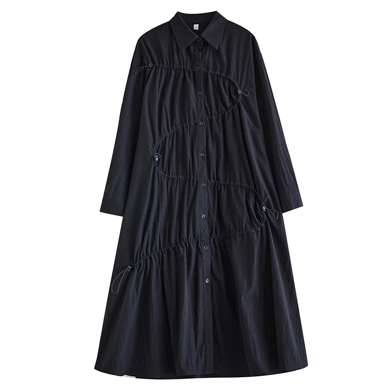 XITAO Loose Fashion Pleated Female Dress Long Sleeve Mid Calf Temperament Turn Down Collar Loose A-line Dresses Autumn GYX1048