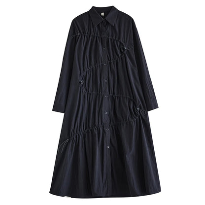 XITAO Loose Fashion Pleated Female Dress Long Sleeve Mid Calf Temperament Turn Down Collar Loose A-line Dresses Autumn GYX1048