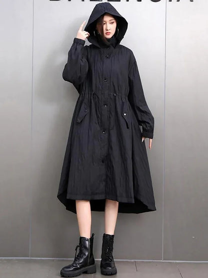 XITAO Draw Rope Hooded Full Sleeve Casual Coat Solid Color A-line Single Breasted Buckle Fashion Slimming Autumn Trench GMM1126