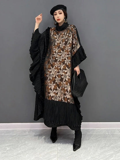 XITAO Print Contrast Color Patchwork Batwing Sleeve Dresses Pullover Loose Slimming Mid-calf A-line Fashion Dress Autumn LJ1091