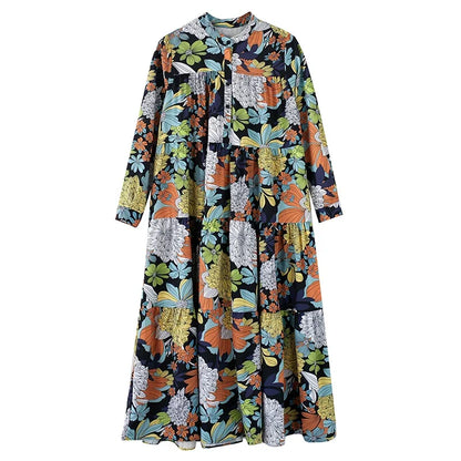 XITAO Loose Casual Full Sleeve Dress Fashion Stand Collar Print Simplicity All-match 2024 Spring Women New Dress DMJ2359