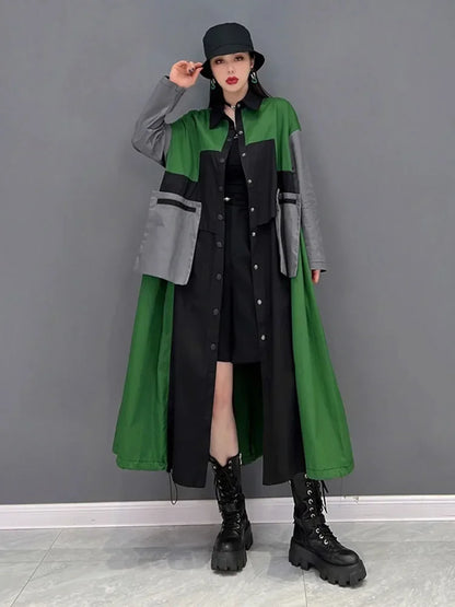 XITAO Fashion Contrast Color Patchwork Tench Loose Simplicity Temperament Turn-down Collar Casual Loose Women Coat WLD6752