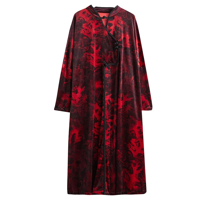 XITAO Velvet Printing Dress Stand Collar Coil Buckle Long Sleeve Vintage Literary Artistic National Style Dress New DMJ3415