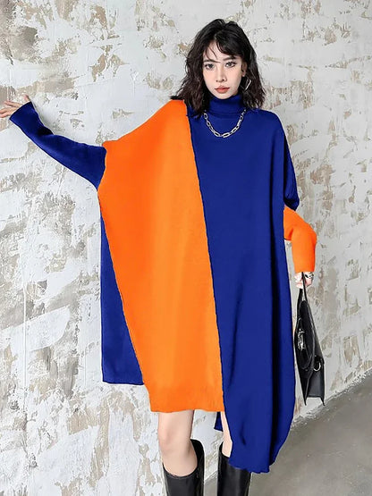 XITAO Contrast Color Asymmetrical Dresses Knitting Turtleneck Batwing Sleeve Loose Fashion Temperament Dress 2024 Autumn GYX1018