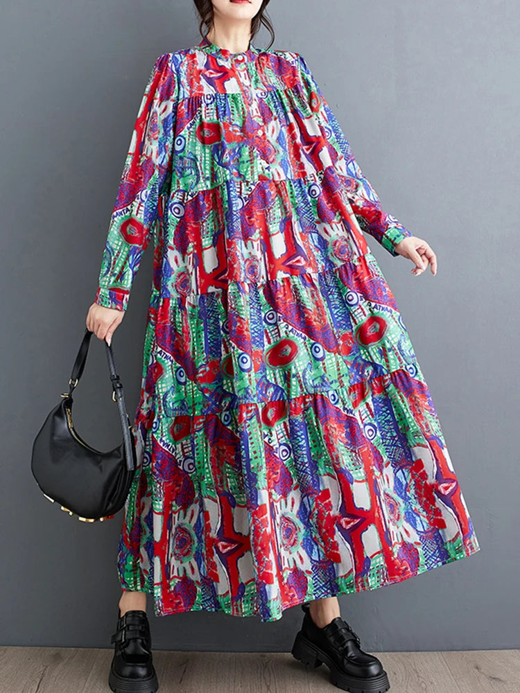 XITAO Print Full Sleeve Patchwork Fashion Dress Loose Casual Slimming Street Trendy Autumn Women New Pullover Dress HQQ2383