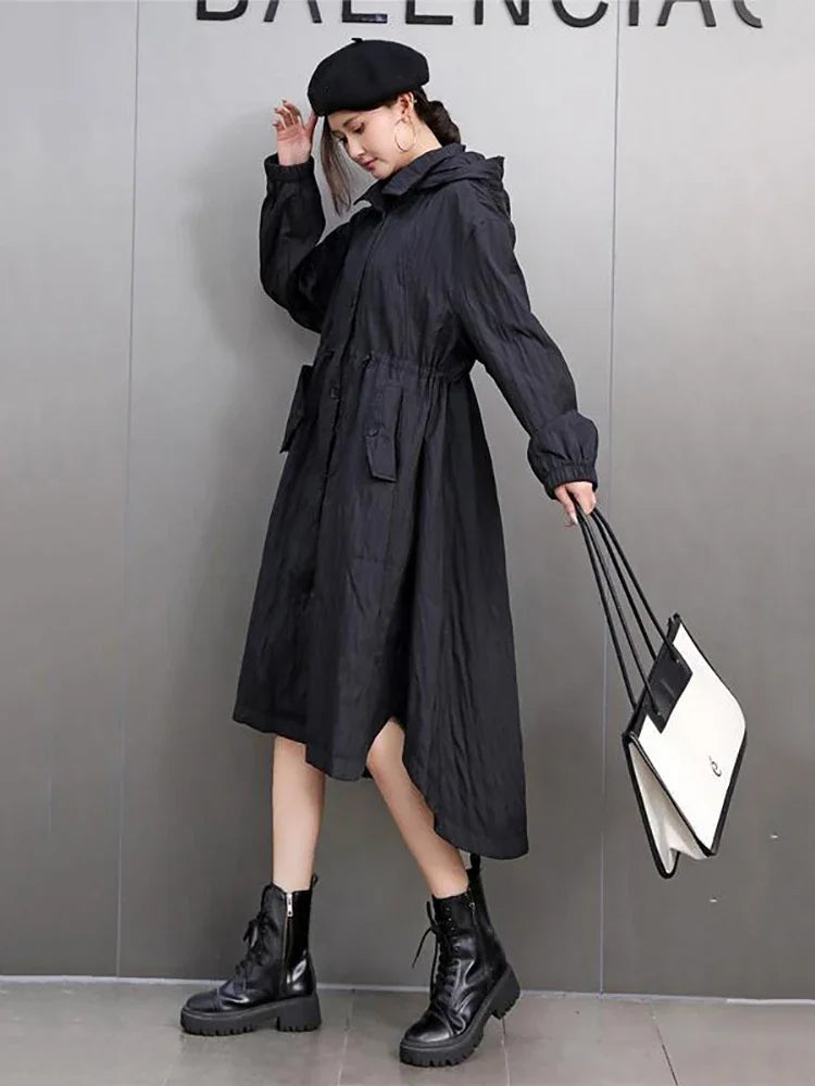 XITAO Draw Rope Hooded Full Sleeve Casual Coat Solid Color A-line Single Breasted Buckle Fashion Slimming Autumn Trench GMM1126