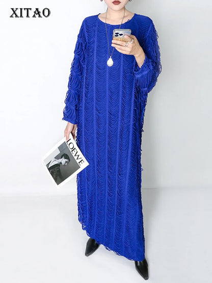 XITAO Tassel Long Sleeve O-neck Dress Fashion Casual Full Sleeve New Arrival Loose Fitting Pullover Autumn Women Dress GMM1223