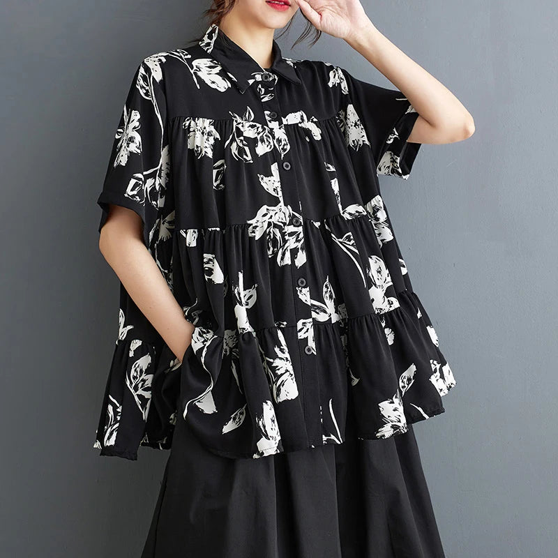 XITAO Loose Printed Shirt Turn Down Collar Short Sleeve Single Breasted Casual Korean All-match Summer Women New Top LYD1795