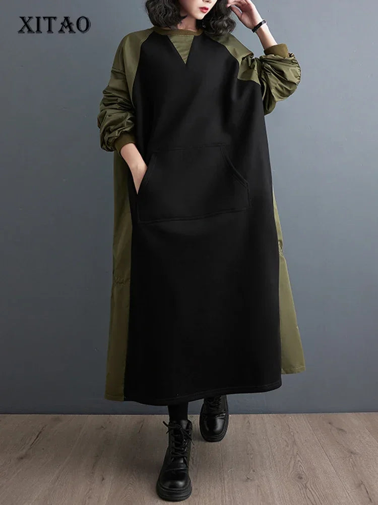 XITAO Contrast Color Patchwork Dress Folds Splicing Long Sleeve Pullover Loose Sweatshirt Dress Winter New Women HQQ2007