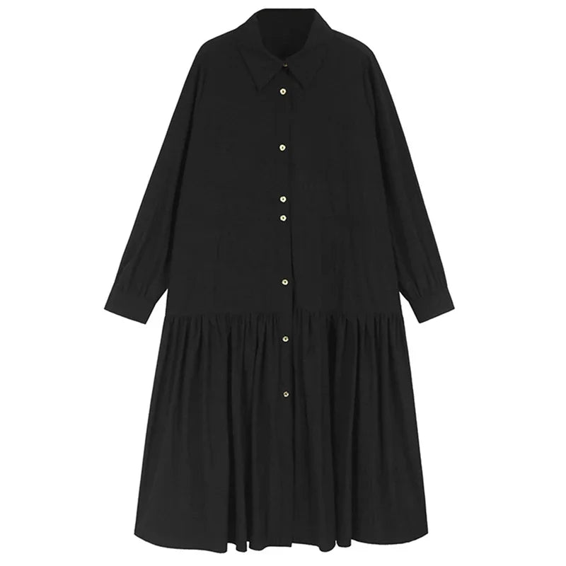 XITAO Single Breasted Fold Draw Rope Shirt Collar Dress A-line Casual Solid Long Sleeve French Loose Autumn Women Dress GMM1166