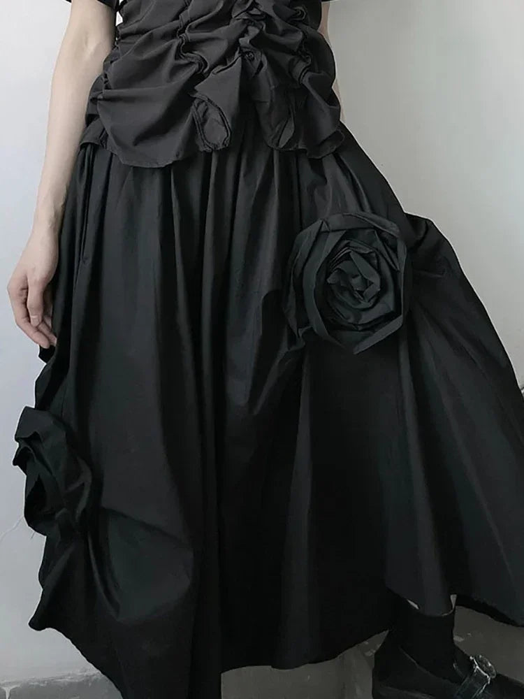 XITAO Asymmetrical Three-dimensional Flower Decoration Fashion Empire Waist Loose Women All-match Summer New Black Skirt ZXR1515