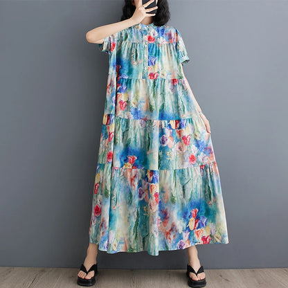 XITAO Single Breasted Patchwork Print Dresses Stand Collar Pullover Short Sleeve Loose Slimming Dress 2024 Summer New WLD20229