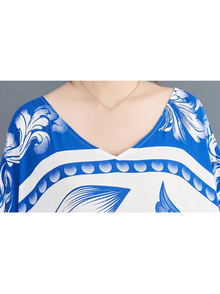 XITAO Print Batwing Sleeve V-neck Dress Side Split Fashion Pullover Loose Casual Temperament Women New Elegant Dress GJ1077