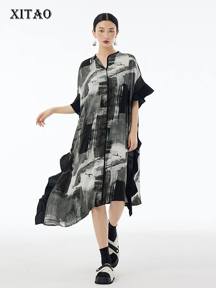 XITAO Asymmetrical Patchwork Gauze Tie Dye Dresses O-neck Pullover Loose Casual Slimming Dress Summer New Fashion ZY8833