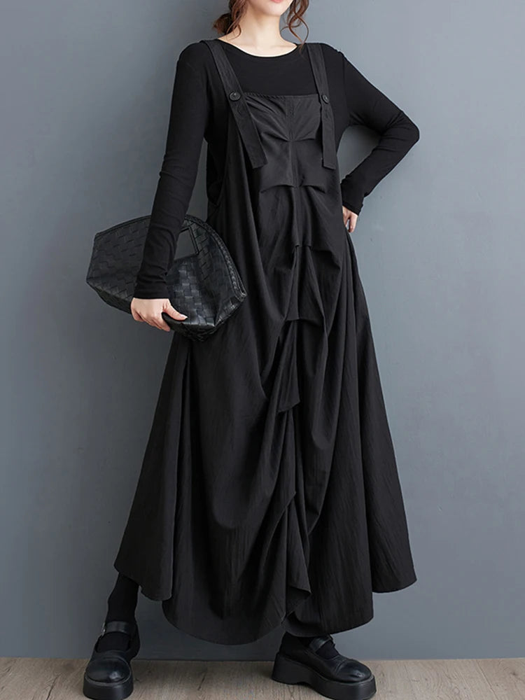 XITAO Straps Pleated A-line Dress Personality Fashion All-match Casual Solid Color Slimming 2024 Autumn Women New Dress ZY8892