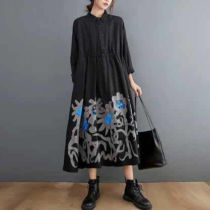 XITAO Pleated Print Casual Shirt Dress Women Autumn New Arrival Personality Fashion Loose Turn-down Collar Dress DMJ2193