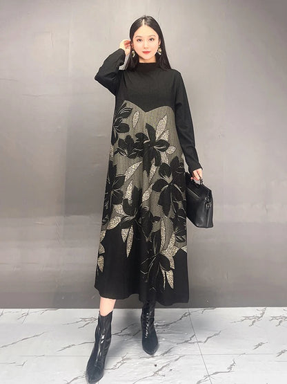 XITAO Print Contrast Color Patchwork Dresses Half High Collar Long Sleeve Pullover Loose Slimming Temperament 2024 New GYX1036