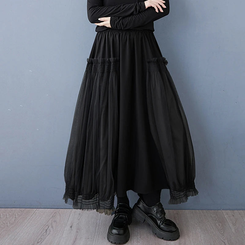 XITAO Gauze Patchwork Elastic Waist Skirt Loose All Match Mid-calf Casual Slimming Temperament Skirt Spring New GMM1251