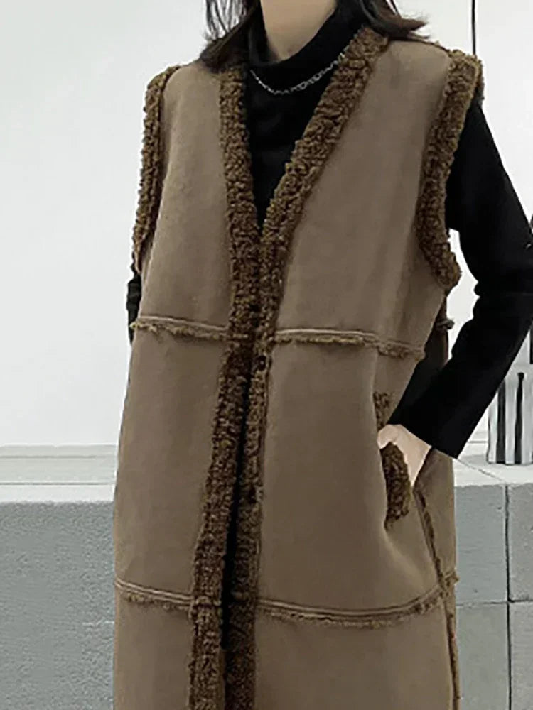 XITAO V-neck Patchwork Pocket Single Breasted Vests Solid Color Loose Casual Fashion Sleeveless Coat Winter All Match DMJ3474