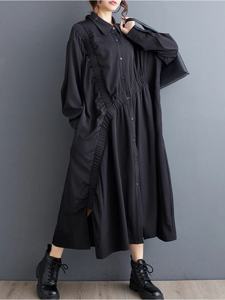 XITAO Full Sleeve Turn Down Collar Loose Female Dress Asymmetrical Casual Solid Color Simplicity Autumn New Women Dress ZY8889